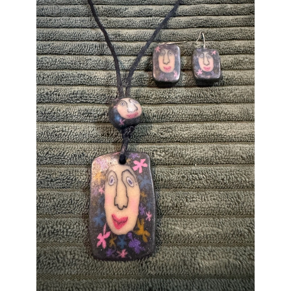 Whimsical Face Necklace and Earrings Set, Folk Art Style Jewelry,‎ Unique Gift